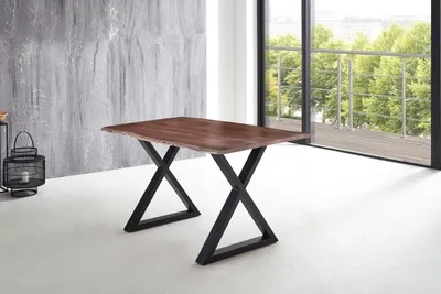 Produktbild von Esstisch Baumkante massiv Akazie nussbaum 140 x 80 X-Gestell schwarz LUBIN