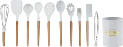 Imagen del producto de Kit de 11 utensilios de cocina de silicona blanca, antadherentes, con caja de almacenamiento