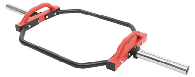 Zdjęcie produktu dla Trap Bar / Hex Bar – sztanga – maks. 150 kg – wymiary 142×56 cm – w zestawie 2 zaciski sprężynowe – do martwego ciągu i przysiadów – kolor czerwony