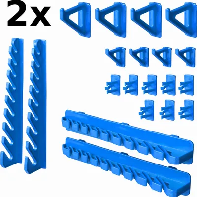 A collection of blue plastic storage bins and hooks arranged on a white background.