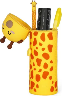 A cute, cartoon-style giraffe pencil case is shown open with writing utensils inside.
