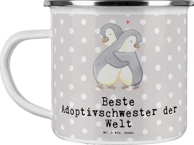 Produktbild von Mr. & Mrs. Panda Pott Pinguin Beste Adoptivschwester der Welt - Grau Pastell - Geschenk, Teetasse, Emaille Becher, Schwester, Kleinigkeit, Haferl, Geschenkidee, Tochter