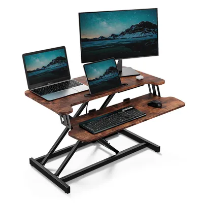 Produktbild von VonHaus Steh-Sitz Schreibtischaufsatz, Dunkel Holz 80 x 40 cm Mit Tastaturablage & Tabletfach