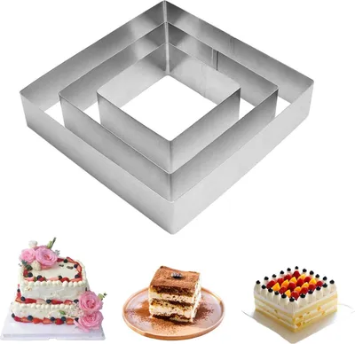 Imagen del producto de Juego de aros cuadradas, en 3 tamaños: 10 cm, 15 cm y 20 cm, fabricados en acero inoxidable, para pasteles y postres