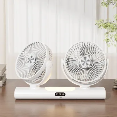 Produktbild von 3-in-1 Akku Doppel-Kopf Ventilator mit Nachtlicht, 3000mAh, 3 Geschwindigkeiten, USB-C aufladbar, Flexibler Tisch, Wand- & Hängeventilator für Büro