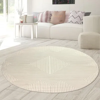 Produktbild von Moderner Kurzflorteppich Creme geometrisches Design mit Glanzstruktur für Wohnzimmer Schlafzimmer und Flur Größe - 160 cm Rund