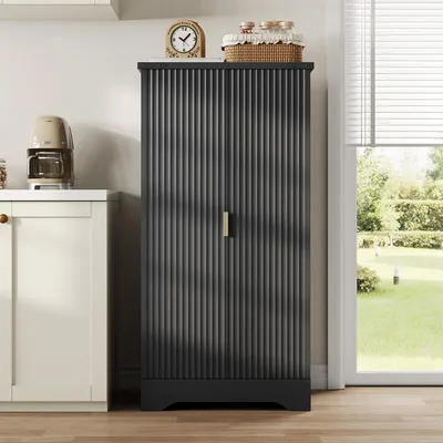 Produktbild von Küchenschrank mit LED-Sensorlicht und Gewürzregal Vorratsschrank Hochschrank für Küche & Wohnzimmer 120 x 60,5 x 40 cm Schwarz