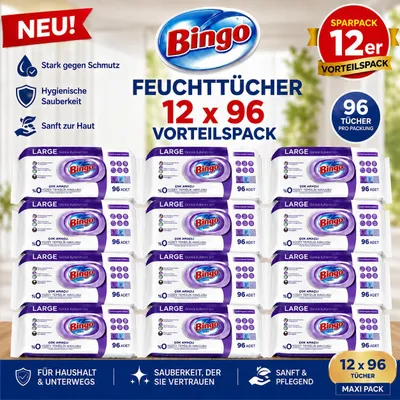 Zdjęcie produktu dla Chusteczki nawilżane Bingo o zapachu lawendy, 12 x 96 sztuk – opakowanie zbiorcze