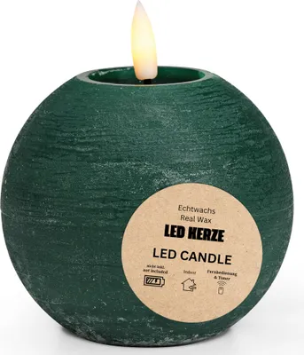Immagine prodotto di LED candela a sfera di cera, fiamma tremolante, Ø 7x18 cm, verde