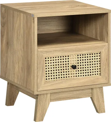 Image de HOMCOM Table de chevet table de nuit meuble de rangement avec tiroir porte cannage et niche design vintage 45 x 39 x 56,5 cm