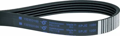 A black serpentine belt with white and blue text and markings.