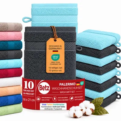 Produktbild von Betz 10 Stück Waschhandschuhe 16x21 cm PALERMO 100% Baumwolle Farbe: anthrazit / türkis