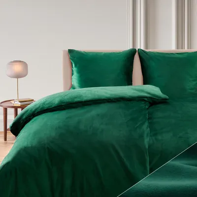 Produktbild von Blumtal Bettwäsche 200x200 & 2x 80x80cm Cashmere-Touch Plüsch in Dunkelgrün