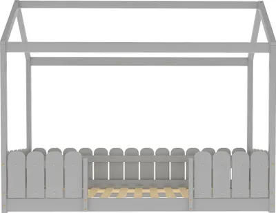 Produktbild von Merax Kinderbett 90x200cm mit Rausfallschutz und Lattenrost, Hausbett Spielbett Kinderhau Babybett aus Kiefernholz, Grau