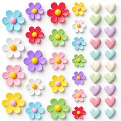 Produktbild von Kühlschrankmagnete Set - 20 Stück bunte Herzmagnete und 21 Stück Blumenmagnete - Mehrfarbig
