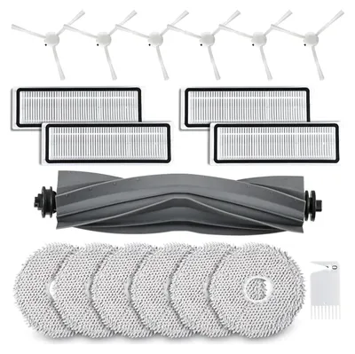 A collection of robot vacuum cleaner accessories laid out on a white background.