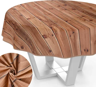Produktbild von Tischdecke Holz aus Textil mit Exclusiven Motiven wasserabweisend Tischtuch Tischwäsche Aquarell Braun Rund 140cm mit Paspelband