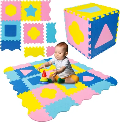 Obrázek produktu pro Humbi Vzdělávací podložka 120 x 120 cm Ohrádka Silné pěnové puzzle 30 x 30 cm Tvary Barva žlutá modrá růžová
