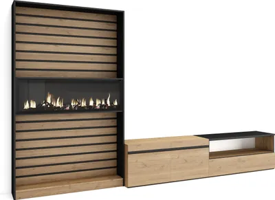 Produktbild von Wohnwand Wohnzimmer, 310x35x186cm, Für TV-Geräte bis zu 80", Elektrokamin XXL, Eiche und Schwarz