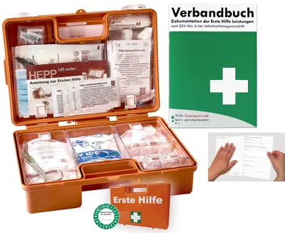 Produktbild von Verbandskoffer/Verbandskasten (K) INKL. 90° ARRETIERUNG Erste Hilfe - aktuelle DIN 13157 für Betriebe -DSGVO- INKL. PERFORIERTEM VERBANDBUCH