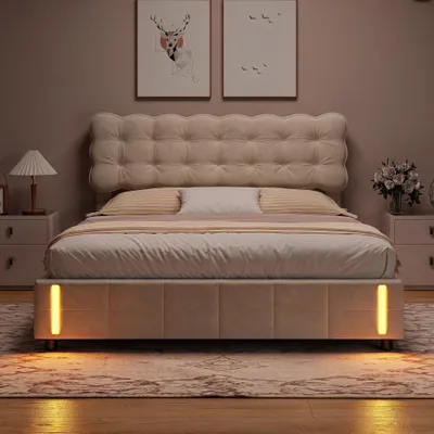 Produktbild von INONEFT Stauraumbett Polsterbett 140x200cm mit LED, Boxspringbett mit Bettkasten,Doppelbett Bettgestell mit Lattenrost/Stauraum,Jugendbett, Samt,Beige