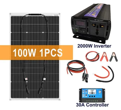 Obrázok produktu pre Sada solárnych panelov, flexibilný monokryštalický solárny panel s výkonom 100 W s meničom napätia z 12 V na 220 V