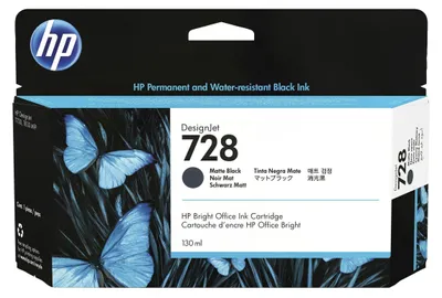 Zdjęcie produktu dla HP Wkład z atramentem czarnym matowym DesignJet 728 130 ml, Drukarka HP DesignJet T730, wielofunkcyjna drukarka HP DesignJet T830, Termiczny druk atramentowy, Czarny, Singapur, Malezja, 202 mm, 129 mm
