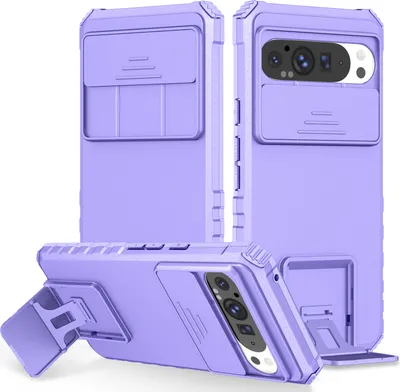 Produktbild von Dual Layer Hülle für Google Pixel 9 Pro XL Stossfest Robust Ständer Schutzhülle mit Schiebe Kamera Schutz Lila