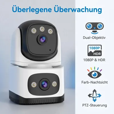 Produktbild von 1080P IP Kamera Innen Dual-Linse, WLAN Überwachungskamera mit Farb-Nachtsicht, HDR, Bewegungsmelder, 2-Wege-Audio