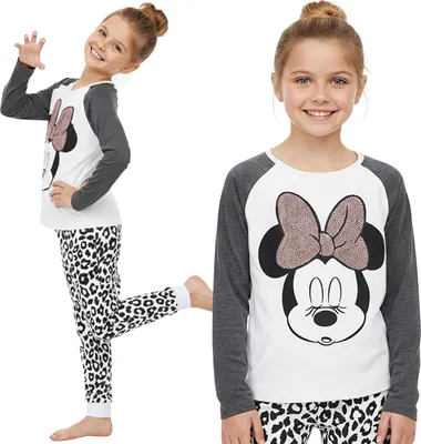 Obrázok produktu pre DISNEY Minnie Mouse Bavlnené pyžamo s leopardovým vzorom pre dievčatá, s dlhými rukávmi, potlačou flitrov 2-3 lat 98 cm
