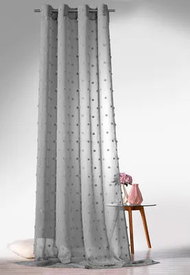 Produktbild von heimtexland ® Boho Vorhang Leinen Optik Transparent Deko Pompoms Ösenschal Gardine Typ764 Grau HxB 245 x 135 cm