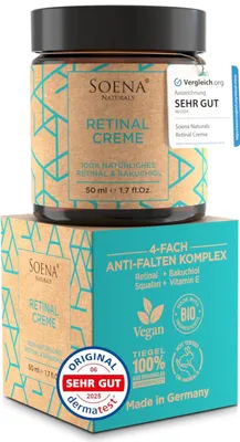 Produktbild von BIO Retinol Creme Hochdosiert + Power Wirkstoffe - Hyaluron, Bakuchiol, Vitamin C- Retinal Creme Gesicht von Soena - Feuchtigkeitscreme - Gegen Falten