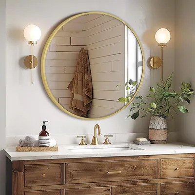 Productafbeelding van Melodieux Ronde wandspiegel, 60 cm, goud. Ronde wandspiegel, geschikt om op te hangen