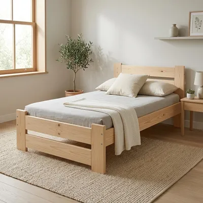 Produktbild von Massivholzbett 80x200 cm – Einzelbett aus Kiefernholz – stabiles Bettgestell – hohes Kopfteil – Natur