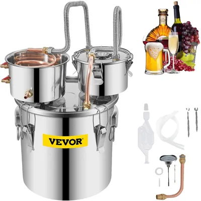 Productafbeelding van VEVOR Distilleerapparaat voor moonshine – 5 gallon / 21 liter roestvrijstalen distilleerapparaat met koperen buis en circulatiepomp, brouwset voor thuisgebruik met geïntegreerde thermometer