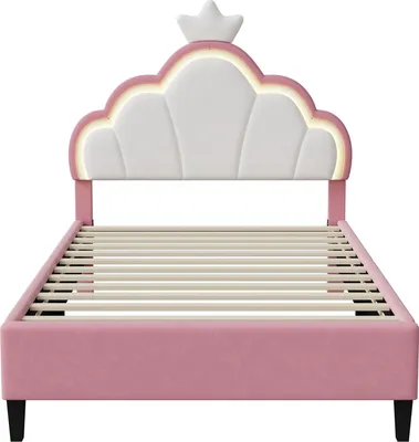 Produktbild von Fortuna Lai Kinderbett 140x200 cm Rosa Samt Polsterbett mit LED Leuchten, Kronenbett Prinzessinnenbett für Mädchen, Lattenrost Einzelbett, Ohne Matratze (140x200 cm)