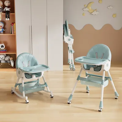 Image de Chaise haute pour enfant réglable Chaise haute pliable avec plateau amovible Siège pour enfant avec 4 roues Fonction Swing Vert