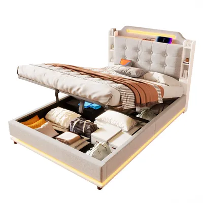 Produktbild von Polsterbett mit Stauraum, Lattenrost, LED-Beleuchtung, Mehrfachsteckdose und Kopfteil, 140x200 cm, Doppelbett, Leinen