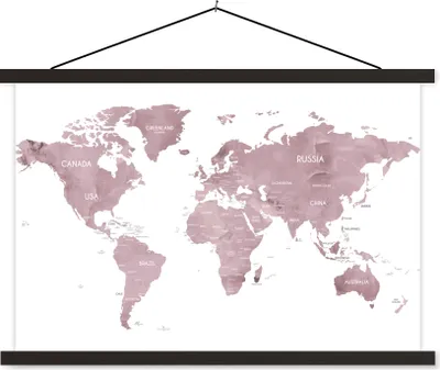 Produktbild von MuchoWow® Textilposter Weltkarte - Lila - Weiß 60x40 cm mit schwarzem Rahmen - Hölzernes