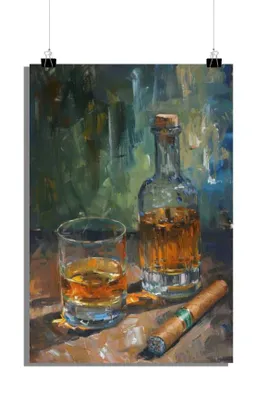 Produktbild von Whisky Poster - Zigarren Poster - Getränke Poster - Malerei Poster - 61x91cm - Perfekt zum Einrahmen