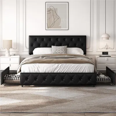 A bedroom scene featuring a tufted black bed with integrated pet beds. The room is decorated in a modern, elegant style with white paneled walls and a framed abstract artwork above the headboard.