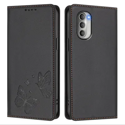 Produktbild von Lederhülle für Motorola Moto G51 5G, Schmetterling Prägung Leder Brieftasche Schutzhülle mit Ständer Schwarz