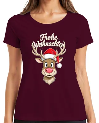 Produktbild von Frohe Weihnachten Rentier Niedlich Cartoon Weihnachtsmütze Lustig Damen T-Shirt, Burgundy, S