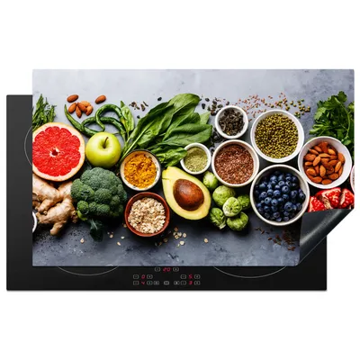 Produktbild von KitchenYeah© Herdabdeckplatte Obst - Beton - Gemüse , 83x51cm, Küche Deko, Glaskeramikkochfeld Herdabdeckung, Abdeckplatte fùr Kochfeld