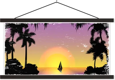 Produktbild von MuchoWow® Textilposter Boot - Palme - Meer - Zeichnung 90x45 cm mit schwarzem Rahmen - Klemmleisten