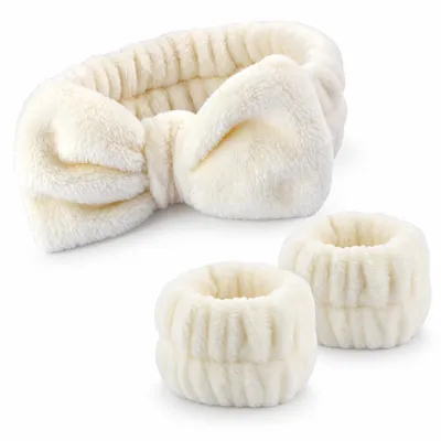 Produktbild von Kosmetik Haarband mit Schleife & 2 Handgelenkbänder – Plüsch Stirnband zum Schminken, Abschminken & Gesicht Waschen, Spa Set – Creme