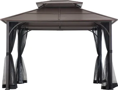 A brown gazebo with black netting curtains, isolated on a white background.