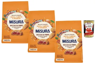 Produktbild von Italian Gourmet - Fibrextra, Vollkornkekse mit Kürbis, Karotte & Orange, ballaststoffreiche Kekse aus Vollkornmehl, italienische Frühstücks- & Snackkekse 3 x 260 g + Italian Gourmet Polpa