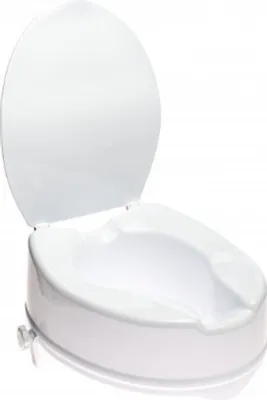 A white toilet seat riser with the lid open, shown from a slightly elevated side angle against a white background.