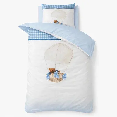 Produktbild von Unyqoos® Kinderbettwäsche-Set 140x220 cm – Bettbezug mit Luftballon-Bär, blau – Renforce Baumwolle, inkl. Kissenbezug 60x70 cm